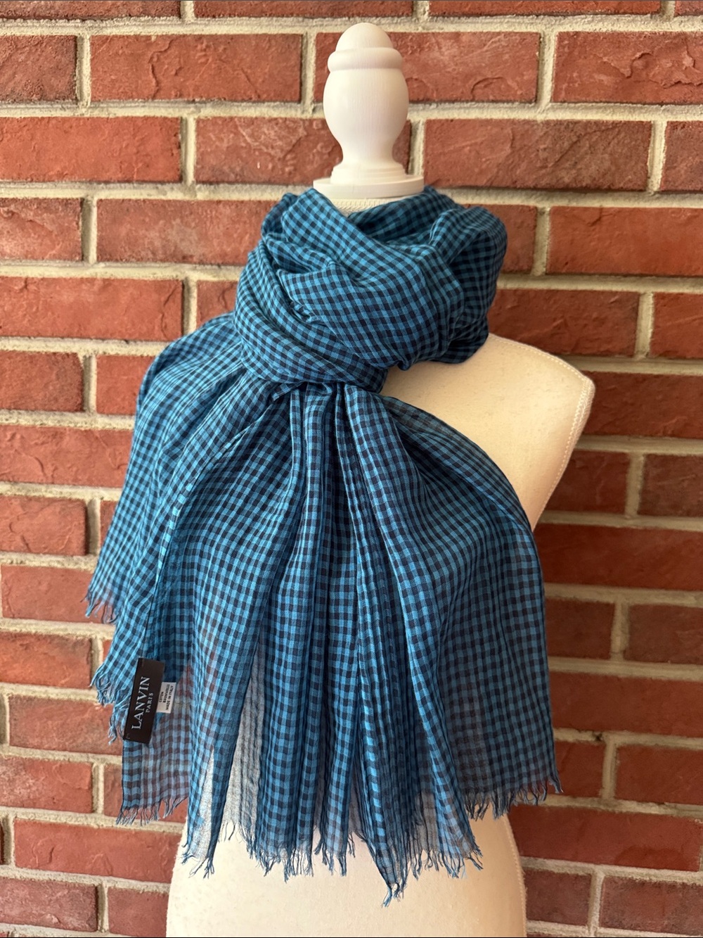 Lanvin Paris Blue/Black Checked Lightweight Quiet Luxury Shawl 35”x75”NWOT